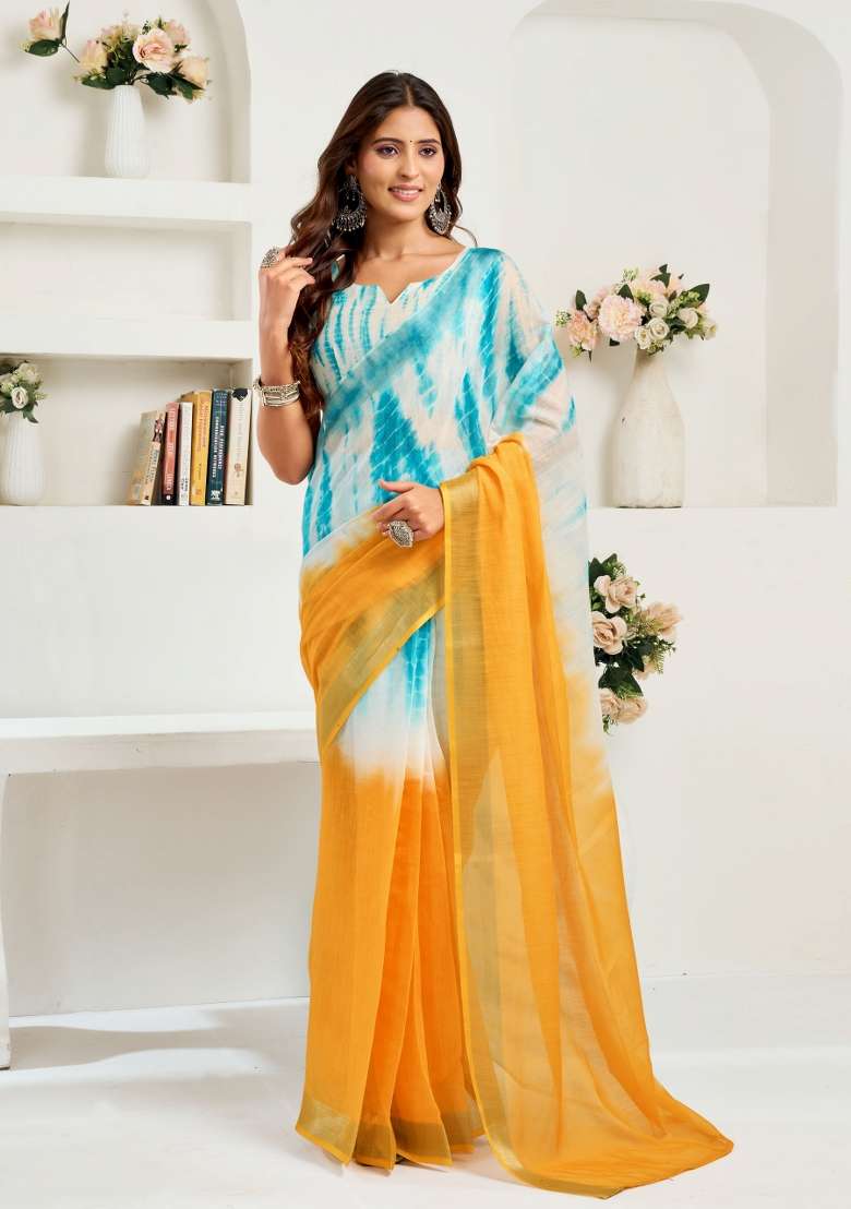 Yellow And Sky Blue Abstract Linen Saree Set for Diwali | Wedding & Festive Wear - Indya