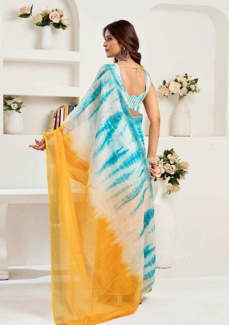 Yellow And Sky Blue Abstract Linen Saree Set for Diwali | Wedding & Festive Wear - Indya