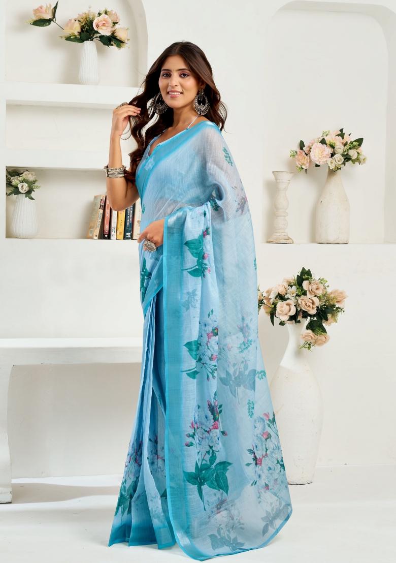 Light Blue Floral Linen Saree Set - Indya