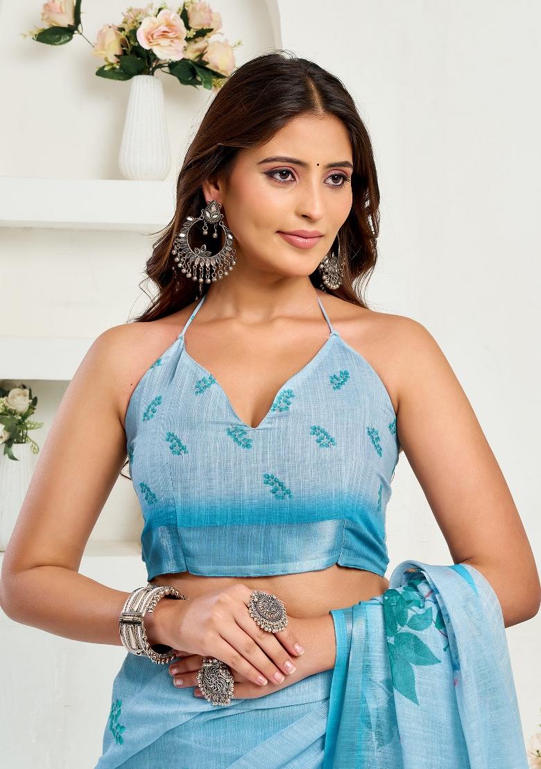 Light Blue Floral Linen Saree Set - Indya