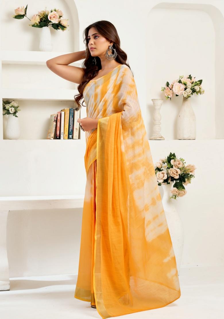 Yellow And White Leheriya&nbsp; Linen Saree Set - Indya