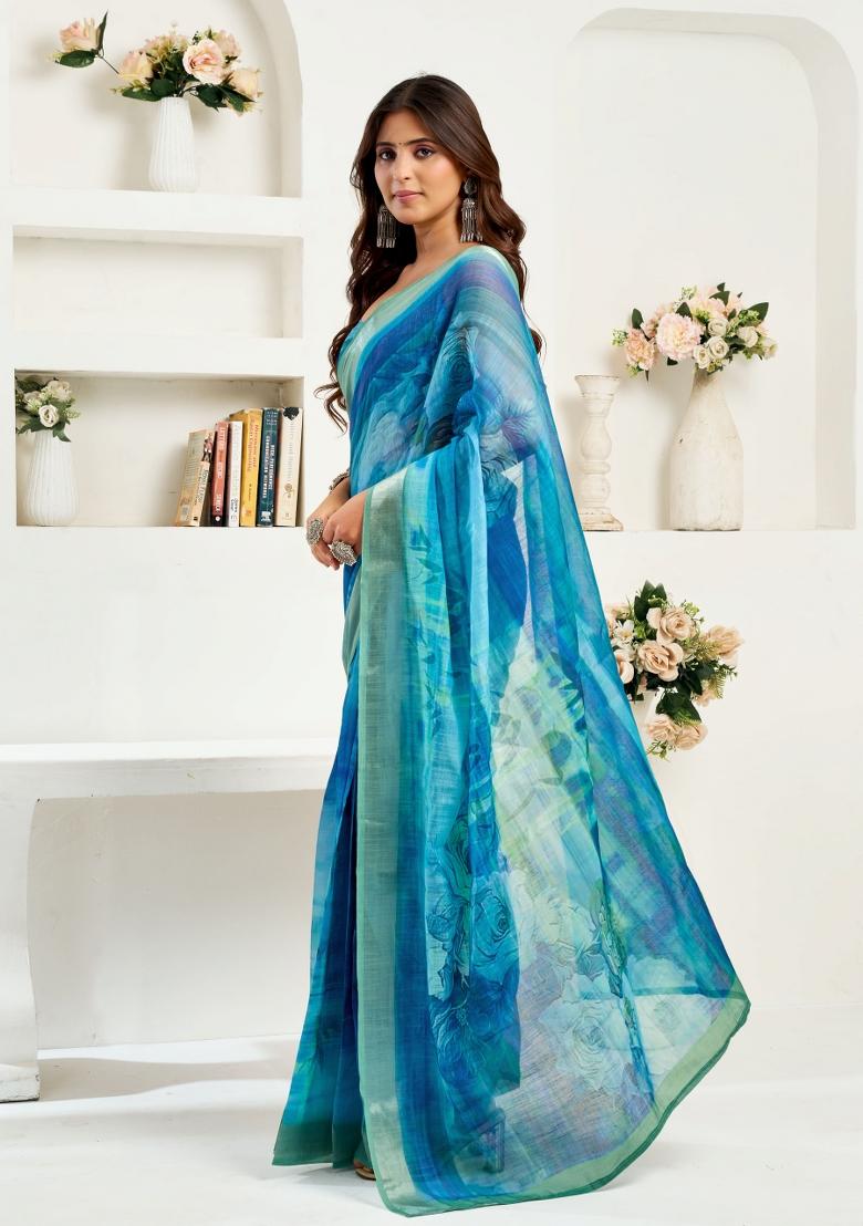 Blue Abstract Linen Saree Set - Indya
