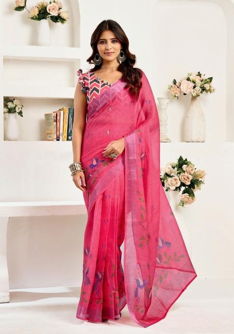 Pink Bird Motifs Linen Saree Set