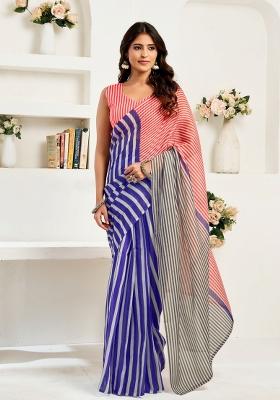 Blue And White Striped Linen Saree Set