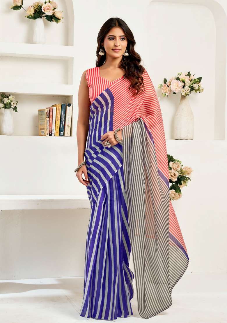 Blue And White Striped Linen Saree Set for Diwali | Wedding & Festive Wear - Indya
