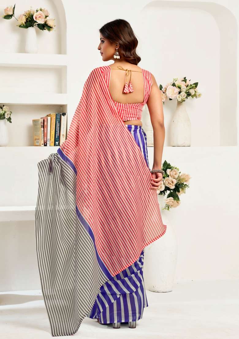 Blue And White Striped Linen Saree Set for Diwali | Wedding & Festive Wear - Indya