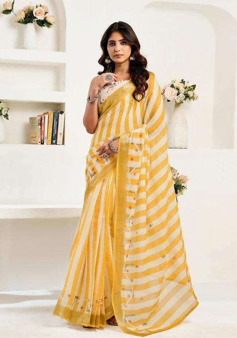 Yellow And White Striped Linen Saree Set