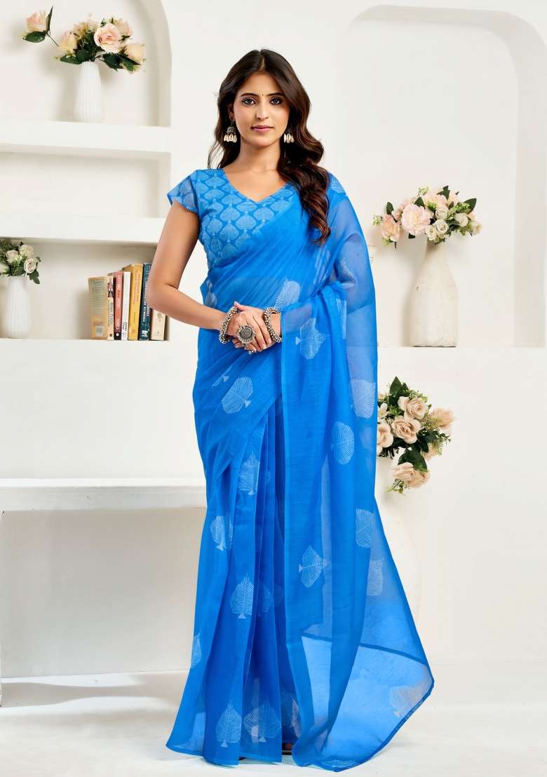 Sky Blue Leaf Motifs Linen Saree Set for Diwali and Festive Wear - Indya
