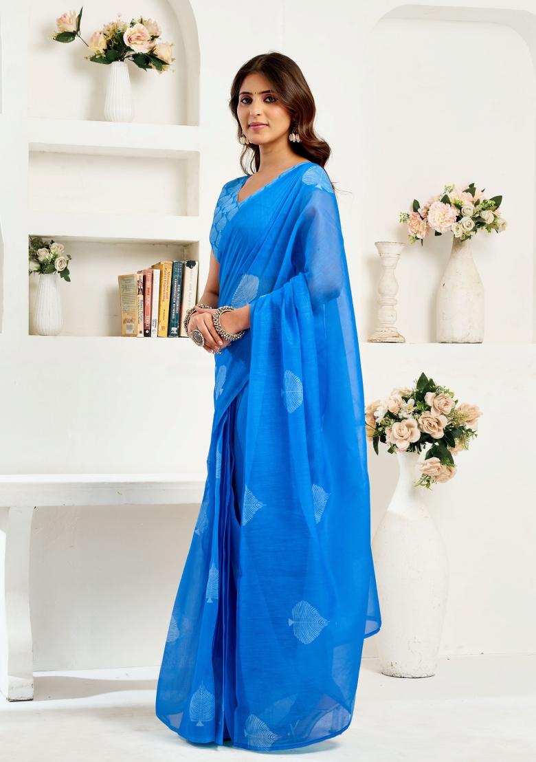Sky Blue Leaf Motifs Linen Saree Set - Indya