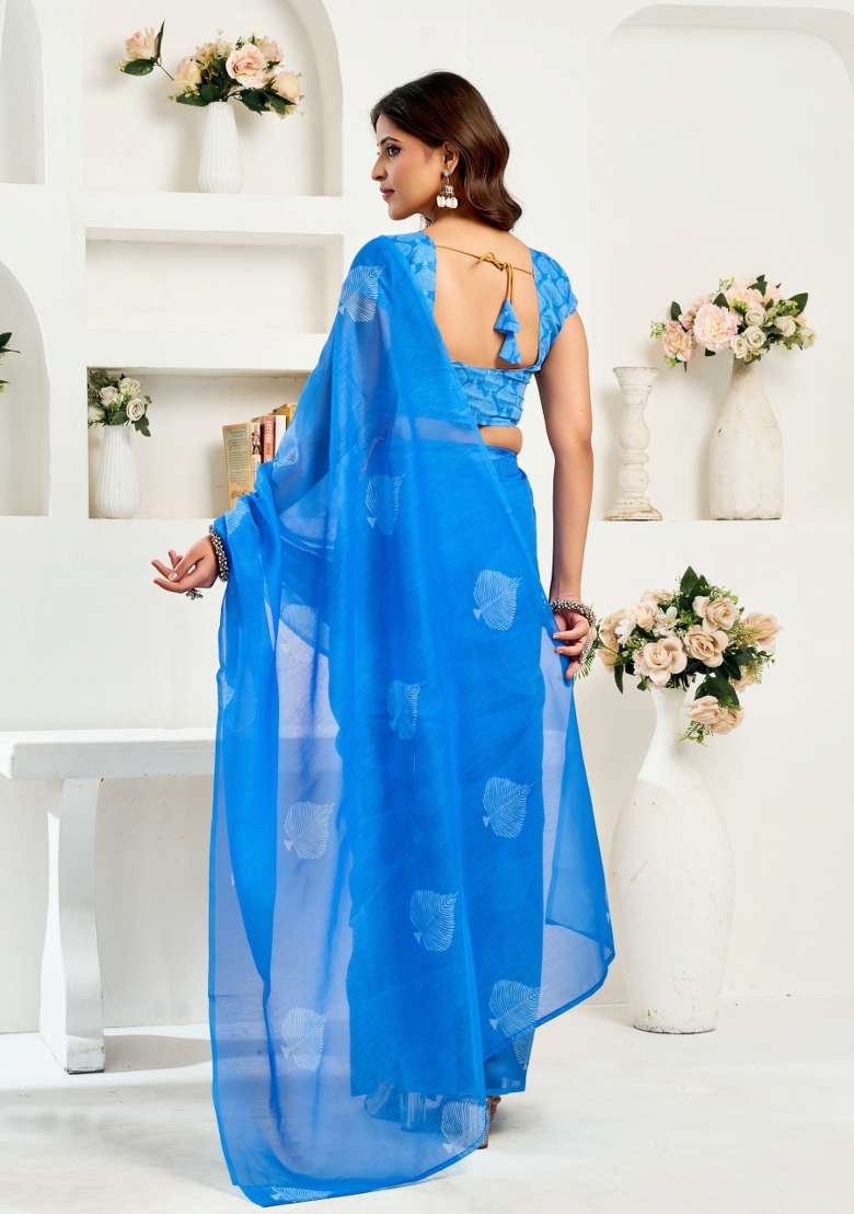 Sky Blue Leaf Motifs Linen Saree Set for Diwali and Festive Wear - Indya