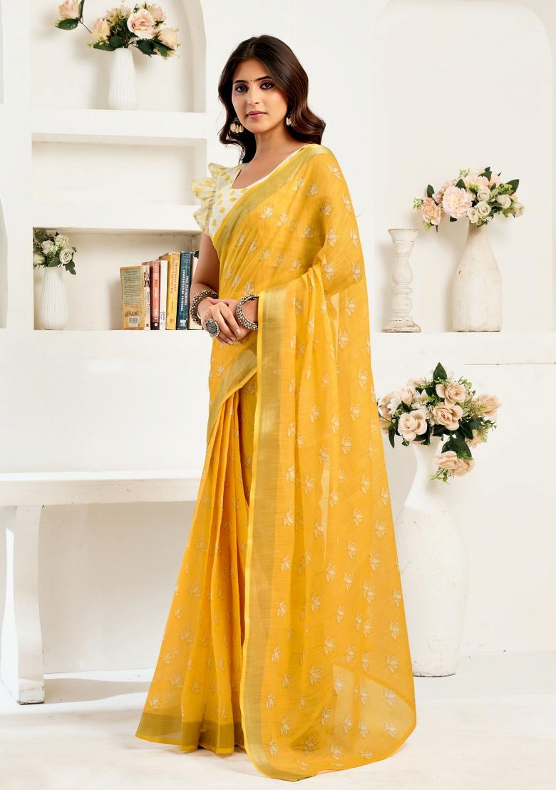 Yellow Floral Linen Saree Set - Indya