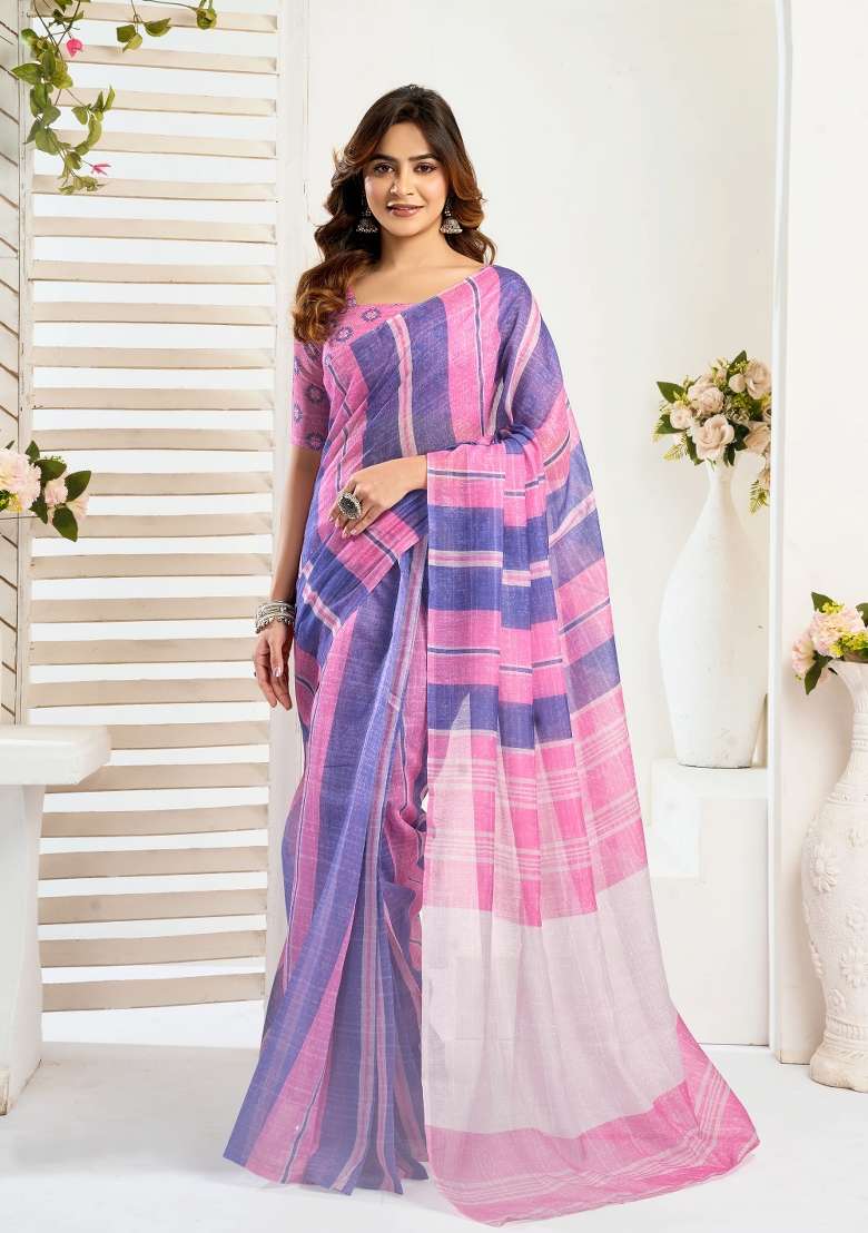 Pink And Blue Striped Linen Saree Set for Diwali and Festive Wear - Indya