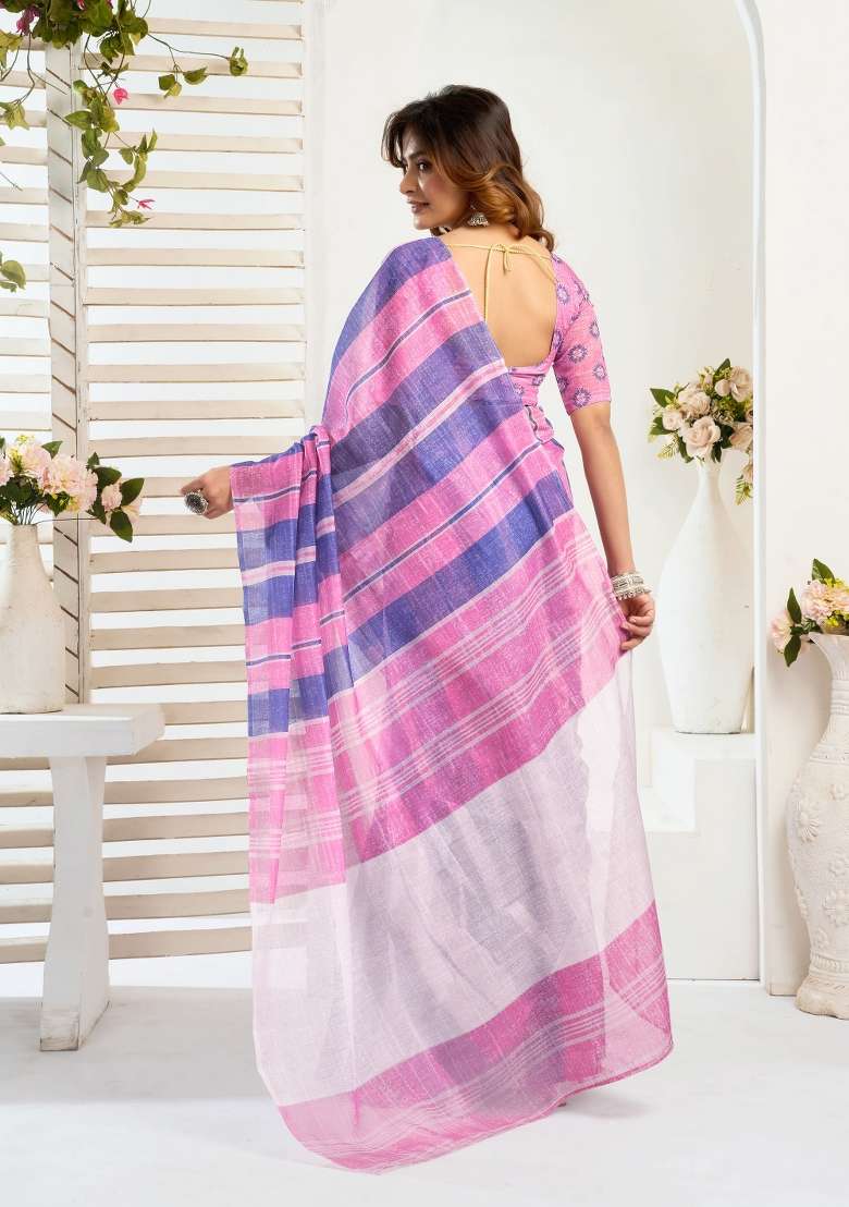 Pink And Blue Striped Linen Saree Set for Diwali and Festive Wear - Indya
