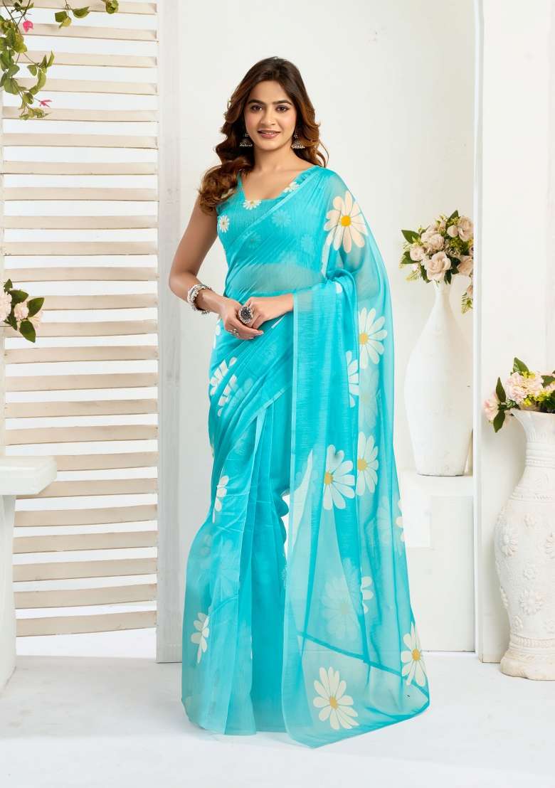 Aqua Blue Floral Linen Saree Set for Diwali and Festive Wear - Indya