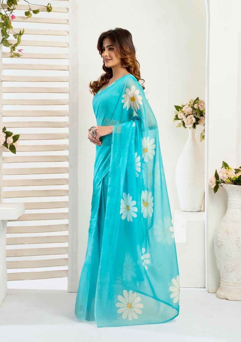 Aqua Blue Floral Linen Saree Set - Indya