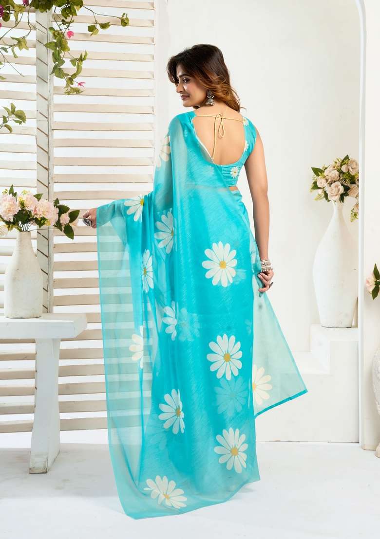 Aqua Blue Floral Linen Saree Set for Diwali and Festive Wear - Indya