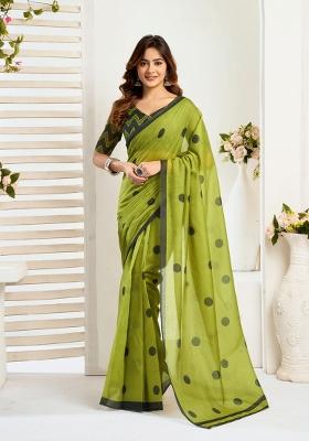 Lime Green Polka Dot Linen Saree Set