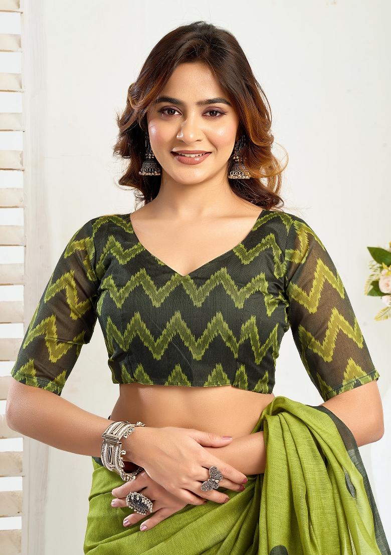 Lime Green Polka Dot Linen Saree Set - Indya