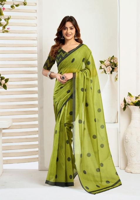 Lime Green Polka Dot Linen Saree Set