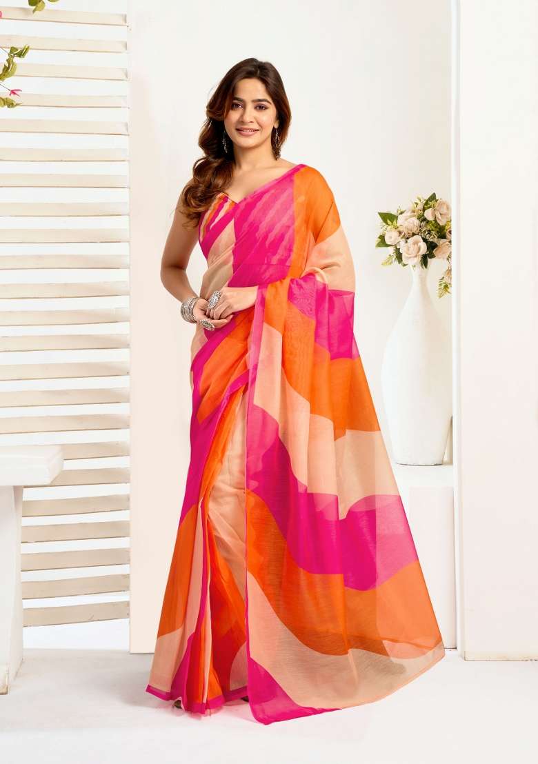 Multicolor Color Blocked Linen Saree Set for Diwali and Festive Wear - Indya