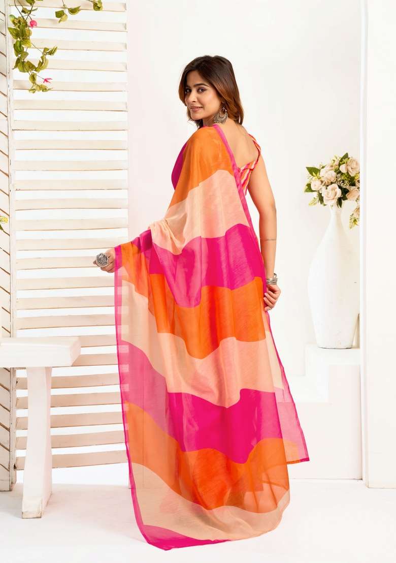Multicolor Color Blocked Linen Saree Set for Diwali and Festive Wear - Indya