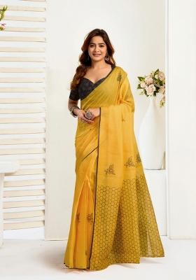Mustard Yellow Geomatric Linen Saree Set