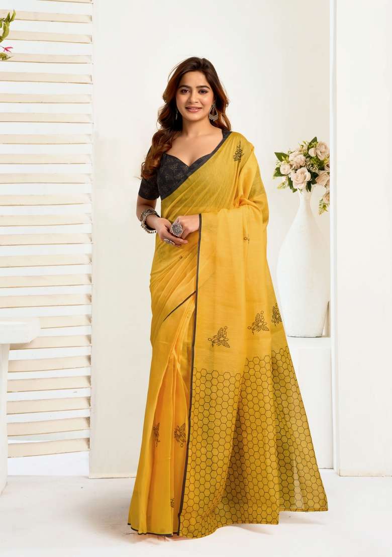 Mustard Yellow Geomatric Linen Saree Set for Diwali | Wedding & Festive Wear - Indya