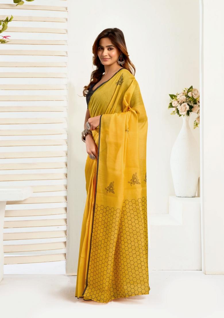 Mustard Yellow Geomatric Linen Saree Set - Indya