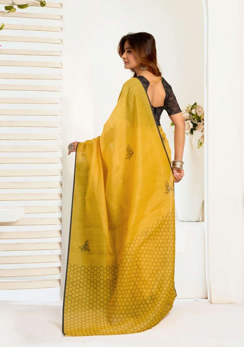 Mustard Yellow Geomatric Linen Saree Set for Diwali | Wedding & Festive Wear - Indya