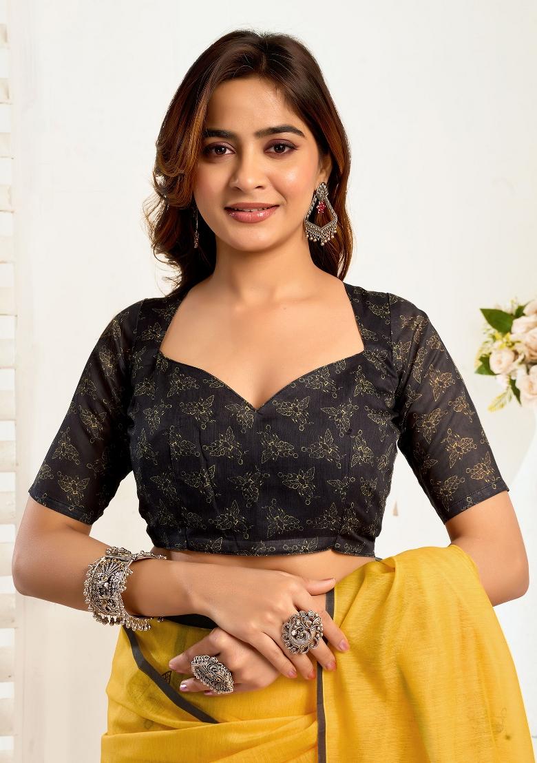 Mustard Yellow Geomatric Linen Saree Set - Indya