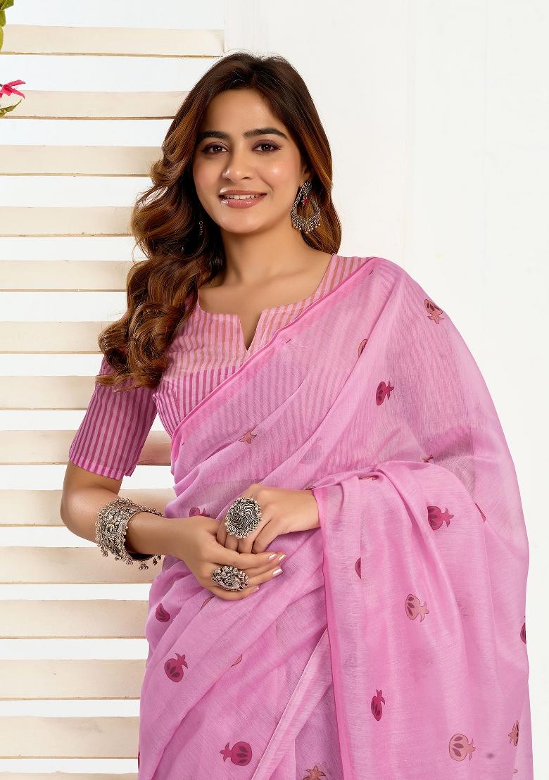 Light Pink Ethnic Motifs Linen Saree Set - Indya