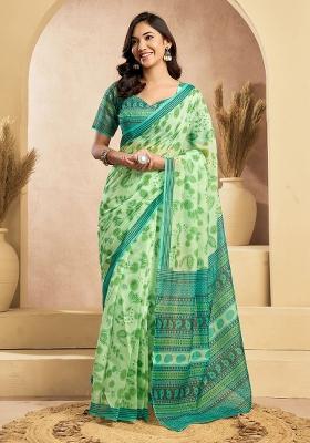 Light Green Floral Linen Saree Set