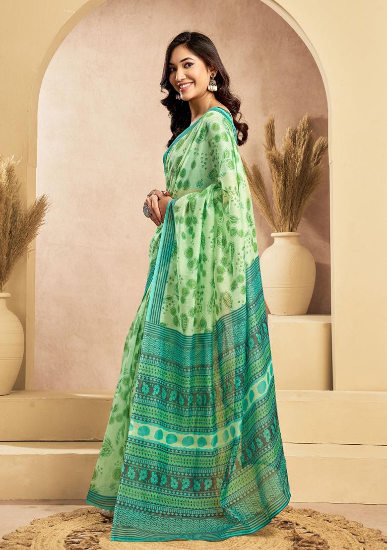 Light Green Floral Linen Saree Set - Indya