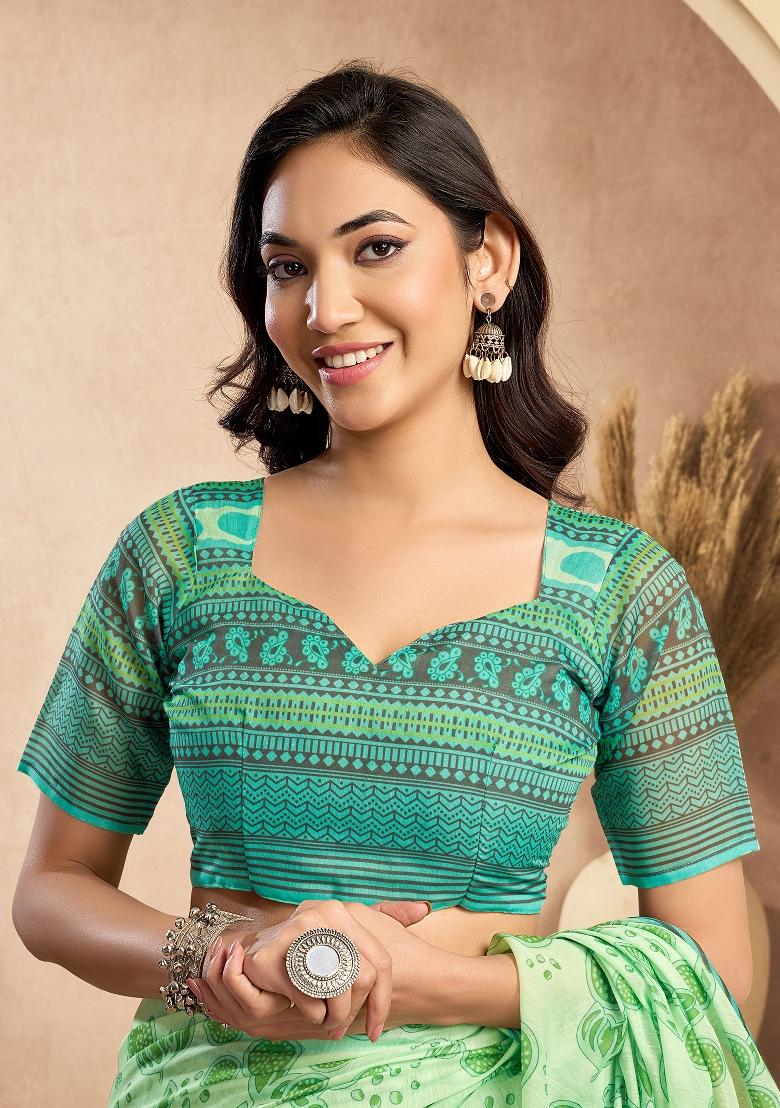 Light Green Floral Linen Saree Set - Indya