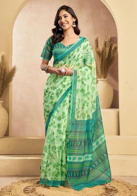 Light Green Floral Linen Saree Set