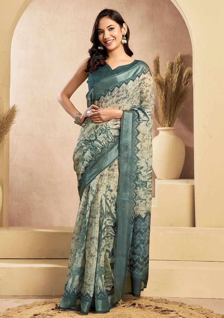 Teal And Off White Floral Linen Saree Set - Indya