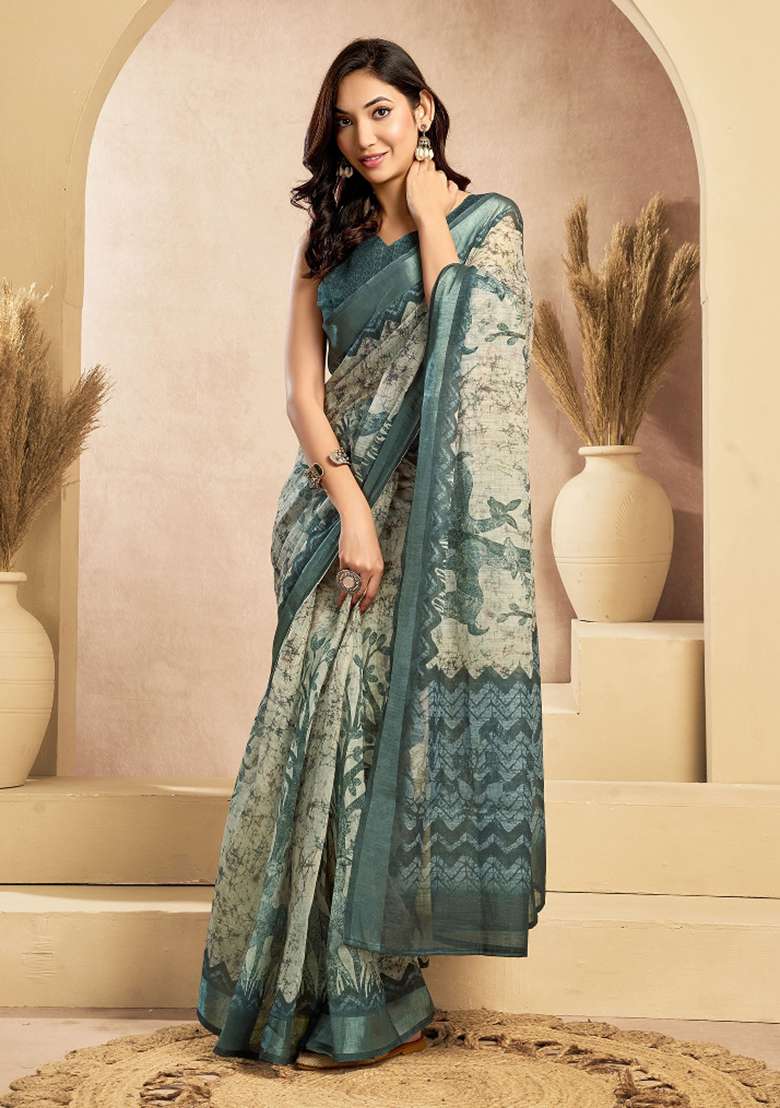 Teal And Off White Floral Linen Saree Set for Diwali | Wedding & Festive Wear - Indya