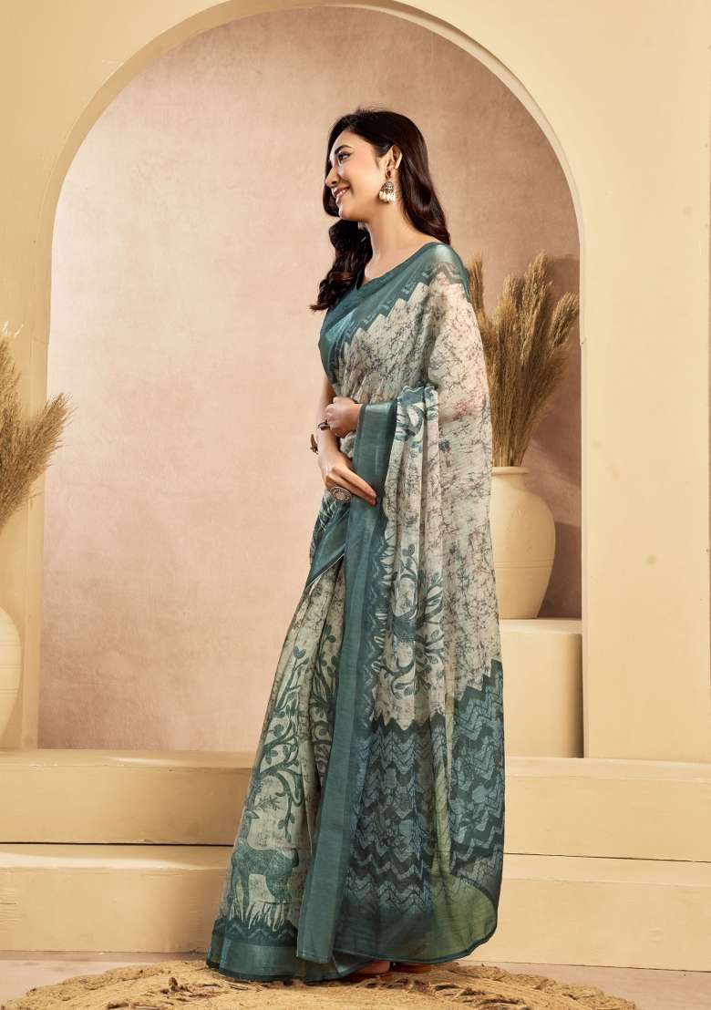 Teal And Off White Floral Linen Saree Set for Diwali | Wedding & Festive Wear - Indya