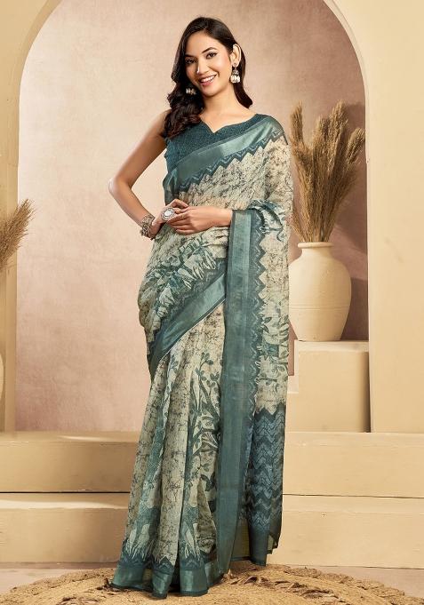 Teal And Off White Floral Linen Saree Set