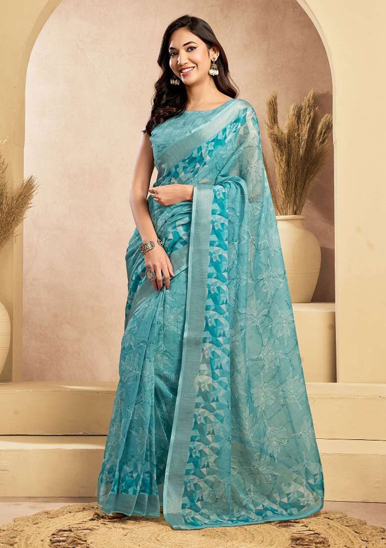 Light Blue Floral Linen Saree Set for Diwali | Wedding & Festive Wear - Indya