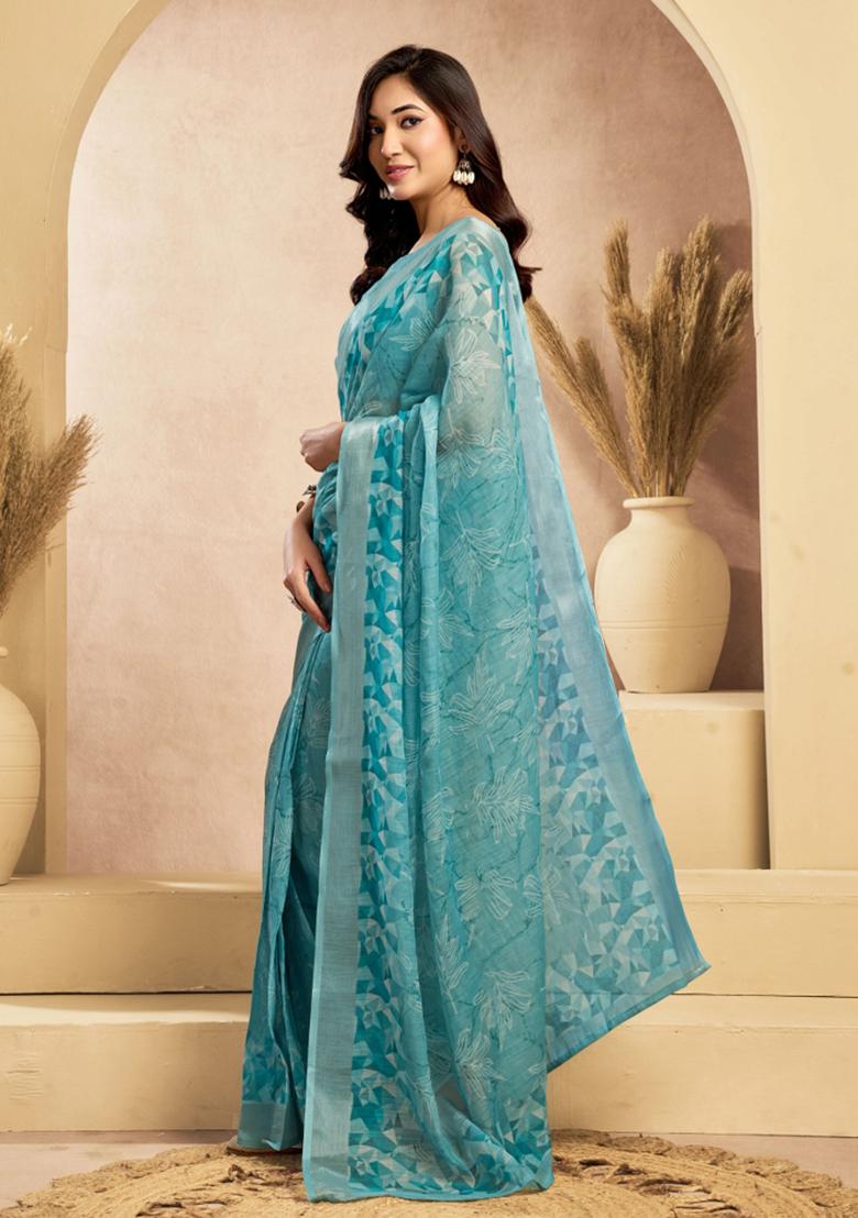 Light Blue Floral Linen Saree Set - Indya