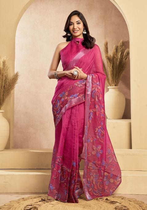 Magenta Plain Linen Saree Set