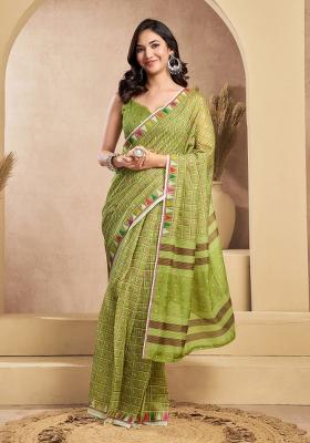 Light Green Mini Checks Linen Saree Set