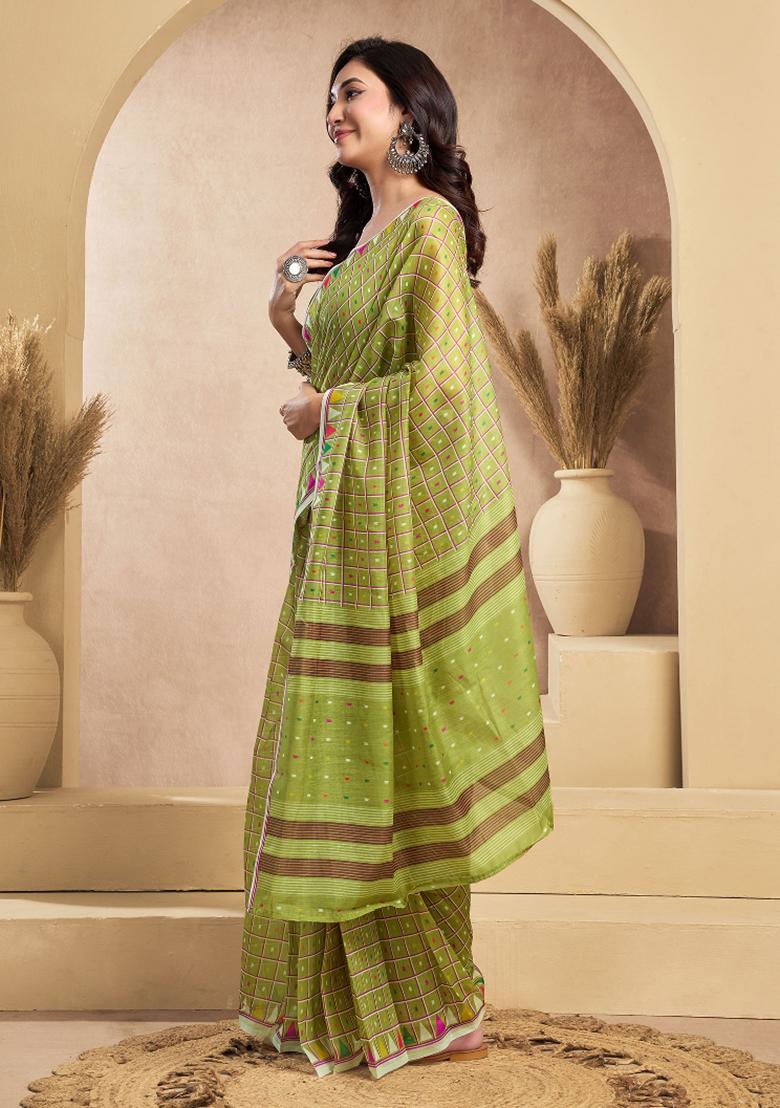 Light Green Mini Checks Linen Saree Set - Indya