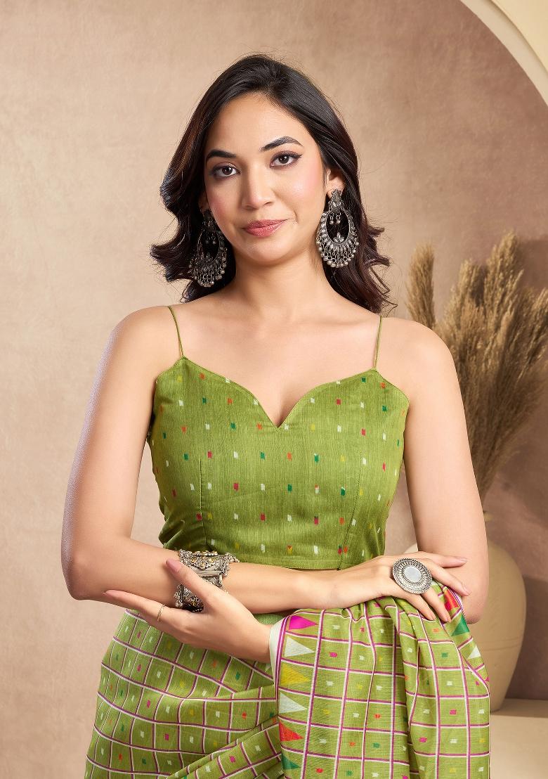 Light Green Mini Checks Linen Saree Set - Indya