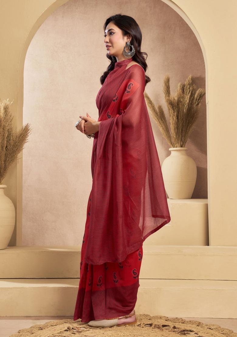 Maroon Paisley Linen Saree Set - Indya