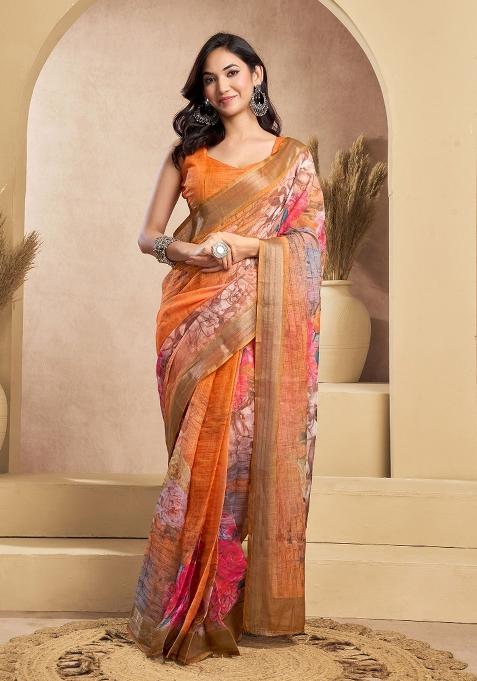 Orange Floral Linen Saree Set