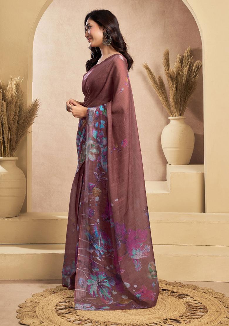 Brown Floral Linen Saree Set - Indya
