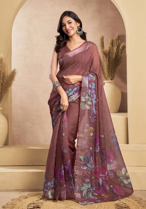 Brown Floral Linen Saree Set