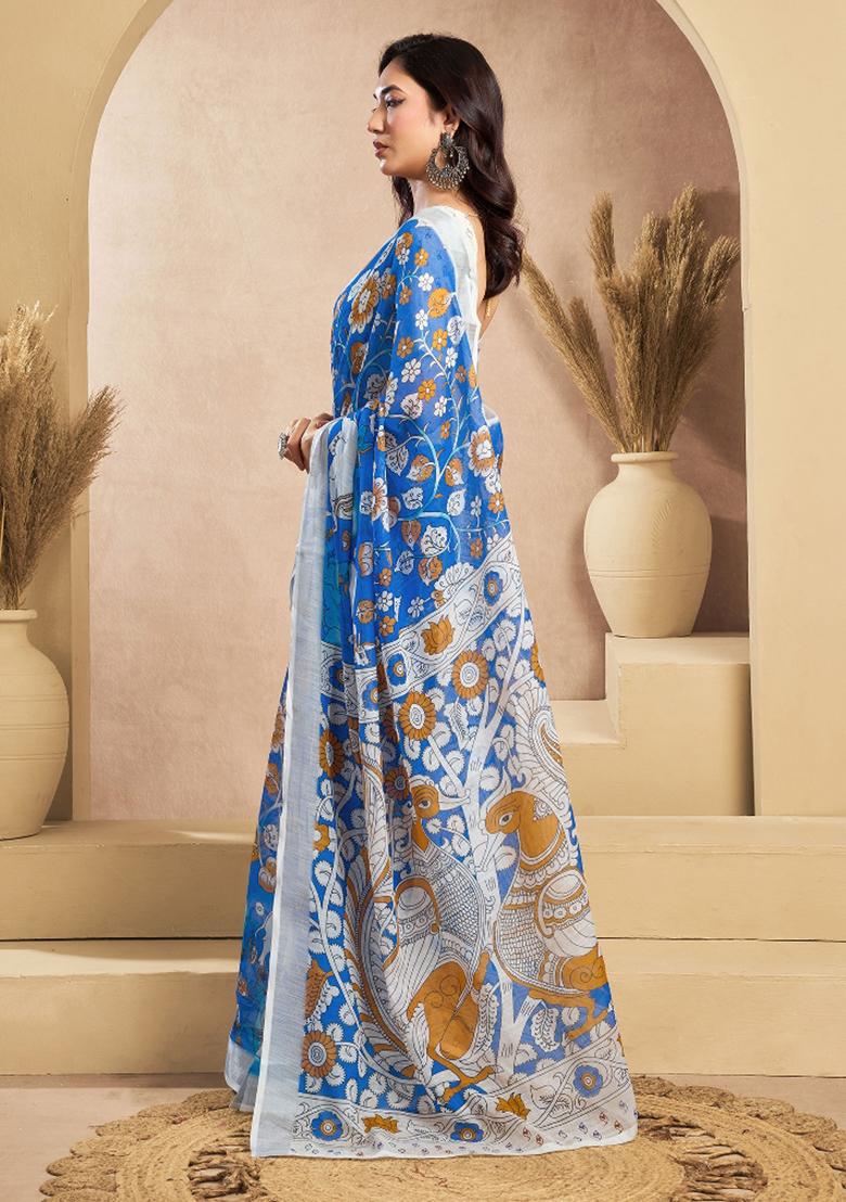 Blue And White Kalamkari Linen Saree Set - Indya